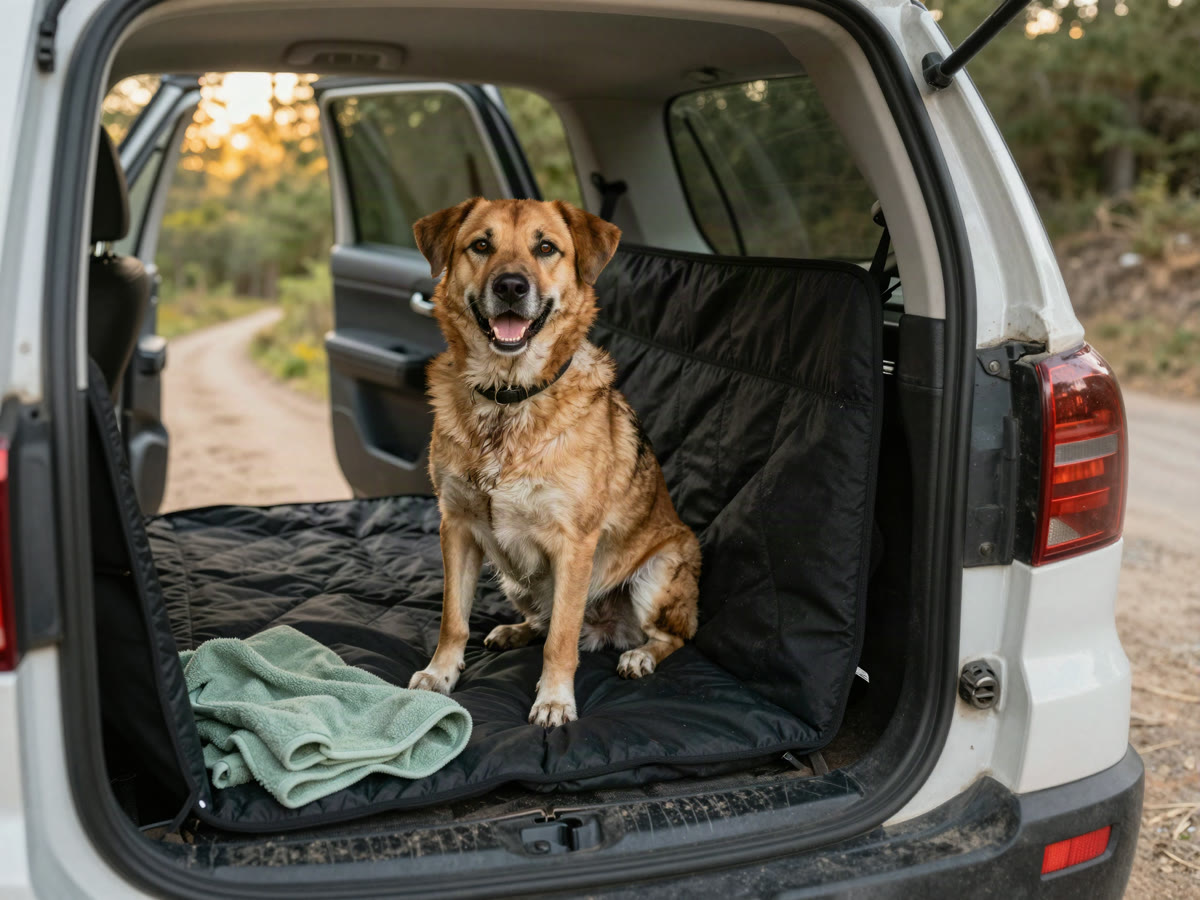 A dog sitting on a black hammock seat cover in the back of an SUV after a hike